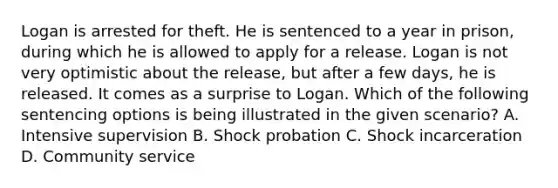 Logan is arrested for theft. He is sentenced to a year in prison, during which he is allowed to apply for a release. Logan is not very optimistic about the release, but after a few days, he is released. It comes as a surprise to Logan. Which of the following sentencing options is being illustrated in the given scenario? A. Intensive supervision B. Shock probation C. Shock incarceration D. Community service