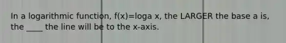 In a logarithmic function, f(x)=loga x, the LARGER the base a is, the ____ the line will be to the x-axis.