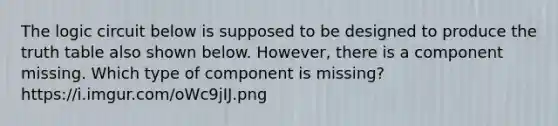 The logic circuit below is supposed to be designed to produce the truth table also shown below. However, there is a component missing. Which type of component is missing? https://i.imgur.com/oWc9jIJ.png