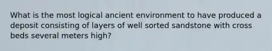 What is the most logical ancient environment to have produced a deposit consisting of layers of well sorted sandstone with cross beds several meters high?