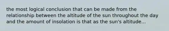 the most logical conclusion that can be made from the relationship between the altitude of the sun throughout the day and the amount of insolation is that as the sun's altitude...