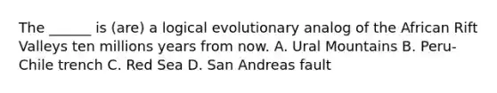 The ______ is (are) a logical evolutionary analog of the African Rift Valleys ten millions years from now. A. Ural Mountains B. Peru-Chile trench C. Red Sea D. San Andreas fault