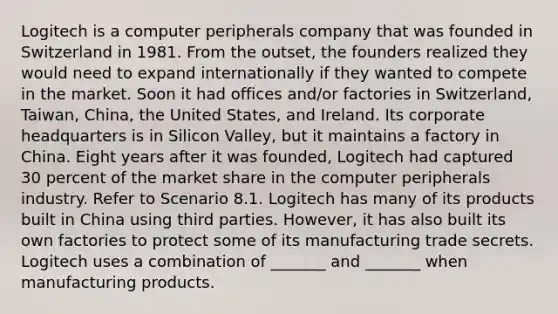 Logitech is a computer peripherals company that was founded in Switzerland in 1981. From the outset, the founders realized they would need to expand internationally if they wanted to compete in the market. Soon it had offices and/or factories in Switzerland, Taiwan, China, the United States, and Ireland. Its corporate headquarters is in Silicon Valley, but it maintains a factory in China. Eight years after it was founded, Logitech had captured 30 percent of the market share in the computer peripherals industry. Refer to Scenario 8.1. Logitech has many of its products built in China using third parties. However, it has also built its own factories to protect some of its manufacturing trade secrets. Logitech uses a combination of _______ and _______ when manufacturing products.