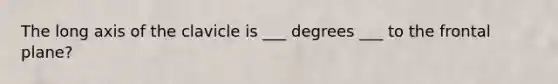 The long axis of the clavicle is ___ degrees ___ to the frontal plane?