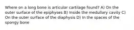 Where on a long bone is articular cartilage found? A) On the outer surface of the epiphyses B) Inside the medullary cavity C) On the outer surface of the diaphysis D) In the spaces of the spongy bone