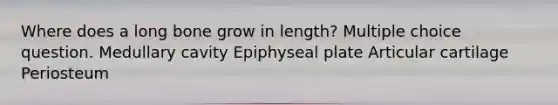 Where does a long bone grow in length? Multiple choice question. Medullary cavity Epiphyseal plate Articular cartilage Periosteum