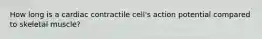 How long is a cardiac contractile cell's action potential compared to skeletal muscle?