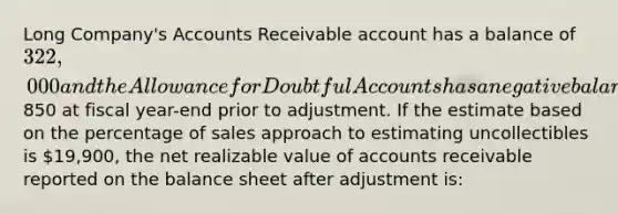 Long Company's Accounts Receivable account has a balance of 322,000 and the Allowance for Doubtful Accounts has a negative balance of850 at fiscal year-end prior to adjustment. If the estimate based on the percentage of sales approach to estimating uncollectibles is 19,900, the net realizable value of accounts receivable reported on the balance sheet after adjustment is: