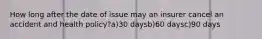 How long after the date of issue may an insurer cancel an accident and health policy?a)30 daysb)60 daysc)90 days