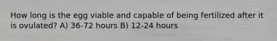 How long is the egg viable and capable of being fertilized after it is ovulated? A) 36-72 hours B) 12-24 hours