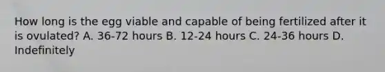 How long is the egg viable and capable of being fertilized after it is ovulated? A. 36-72 hours B. 12-24 hours C. 24-36 hours D. Indefinitely