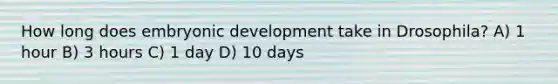 How long does embryonic development take in Drosophila? A) 1 hour B) 3 hours C) 1 day D) 10 days