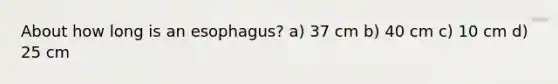 About how long is an esophagus? a) 37 cm b) 40 cm c) 10 cm d) 25 cm