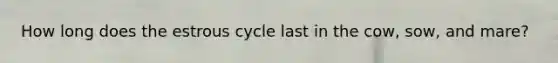 How long does the estrous cycle last in the cow, sow, and mare?