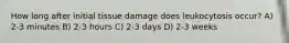 How long after initial tissue damage does leukocytosis occur? A) 2-3 minutes B) 2-3 hours C) 2-3 days D) 2-3 weeks