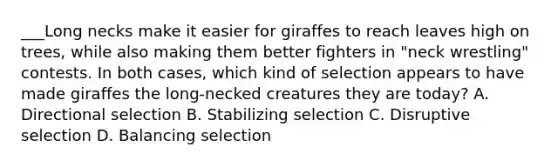 ___Long necks make it easier for giraffes to reach leaves high on trees, while also making them better fighters in "neck wrestling" contests. In both cases, which kind of selection appears to have made giraffes the long-necked creatures they are today? A. Directional selection B. Stabilizing selection C. Disruptive selection D. Balancing selection