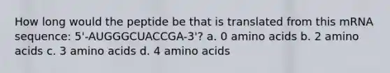 How long would the peptide be that is translated from this mRNA sequence: 5'-AUGGGCUACCGA-3'? a. 0 amino acids b. 2 amino acids c. 3 amino acids d. 4 amino acids