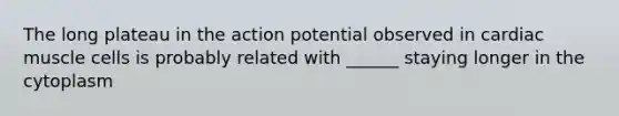 The long plateau in the action potential observed in cardiac muscle cells is probably related with ______ staying longer in the cytoplasm