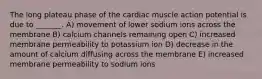 The long plateau phase of the cardiac muscle action potential is due to _______. A) movement of lower sodium ions across the membrane B) calcium channels remaining open C) increased membrane permeability to potassium ion D) decrease in the amount of calcium diffusing across the membrane E) increased membrane permeability to sodium ions