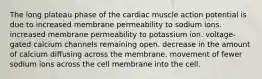 The long plateau phase of the cardiac muscle action potential is due to increased membrane permeability to sodium ions. increased membrane permeability to potassium ion. voltage-gated calcium channels remaining open. decrease in the amount of calcium diffusing across the membrane. movement of fewer sodium ions across the cell membrane into the cell.