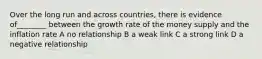 Over the long run and across countries, there is evidence of________ between the growth rate of the money supply and the inflation rate A no relationship B a weak link C a strong link D a negative relationship