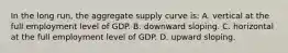 In the long run, the aggregate supply curve is: A. vertical at the full employment level of GDP. B. downward sloping. C. horizontal at the full employment level of GDP. D. upward sloping.