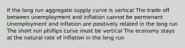 If the long run aggregate supply curve is vertical The trade off between unemployment and inflation cannot be permenant Unemployment and inflation are positively related in the long run The short run phillips curve must be vertical The economy stays at the natural rate of inflation in the long run