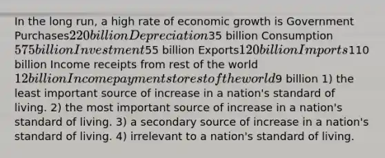 In the long run, a high rate of economic growth is Government Purchases220 billion Depreciation35 billion Consumption575 billion Investment55 billion Exports120 billion Imports110 billion Income receipts from rest of the world12 billion Income payments to rest of the world9 billion 1) the least important source of increase in a nation's standard of living. 2) the most important source of increase in a nation's standard of living. 3) a secondary source of increase in a nation's standard of living. 4) irrelevant to a nation's standard of living.