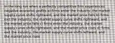 In the long run when a perfectly competitive firm experiences negative economic profits a) firms enter the industry, the market supply curve shifts rightward, and the market price falls b) firms exit the industry, the market supply curve shifts rightward, and the market price falls c) firms enter the industry, the market supply curve shifts rightward, and the market price rises d) firms exit the industry, the market supply curve shifts leftward, and the market price rises