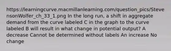 https://learningcurve.macmillanlearning.com/question_pics/StevensonWolfer_ch_33_1.png In the long run, a shift in aggregate demand from the curve labeled C in the graph to the curve labeled B will result in what change in potential output? A decrease Cannot be determined without labels An increase No change