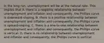 In the long run, unemployment will be at the natural rate. This implies that A. there is a negative relationship between unemployment and inflation and consequently, the Phillips curve is downward-sloping. B. there is a positive relationship between unemployment and inflation and consequently, the Phillips curve is upward-sloping. C. there is a one-to-one relationship between unemployment and inflation and consequently, the Phillips curve is vertical. D. there is no relationship between unemployment and inflation and consequently, the Phillips curve is vertical.