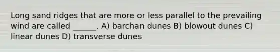 Long sand ridges that are more or less parallel to the prevailing wind are called ______. A) barchan dunes B) blowout dunes C) linear dunes D) transverse dunes