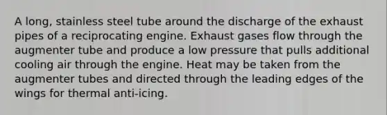 A long, stainless steel tube around the discharge of the exhaust pipes of a reciprocating engine. Exhaust gases flow through the augmenter tube and produce a low pressure that pulls additional cooling air through the engine. Heat may be taken from the augmenter tubes and directed through the leading edges of the wings for thermal anti-icing.