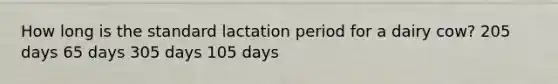 How long is the standard lactation period for a dairy cow? 205 days 65 days 305 days 105 days