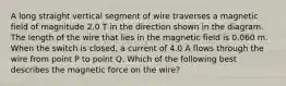 A long straight vertical segment of wire traverses a magnetic field of magnitude 2.0 T in the direction shown in the diagram. The length of the wire that lies in the magnetic field is 0.060 m. When the switch is closed, a current of 4.0 A flows through the wire from point P to point Q. Which of the following best describes the magnetic force on the wire?