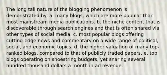 The long tail nature of the blogging phenomenon is demonstrated by: a. many blogs, which are more popular than most mainstream media publications. b. the niche content that is discoverable through search engines and that is often shared via other types of social media. c. most popular blogs offering cutting-edge news and commentary on a wide range of political, social, and economic topics. d. the higher valuation of many top-ranked blogs, compared to that of publicly traded papers. e. top blogs operating on shoestring budgets, yet snaring several hundred thousand dollars a month in ad revenue.