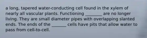 a long, tapered water-conducting cell found in the xylem of nearly all vascular plants. Functioning ________ are no longer living. They are small diameter pipes with overlapping slanted ends. The ends of the _______ cells have pits that allow water to pass from cell-to-cell.