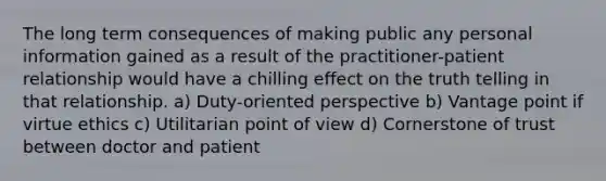 The long term consequences of making public any personal information gained as a result of the practitioner-patient relationship would have a chilling effect on the truth telling in that relationship. a) Duty-oriented perspective b) Vantage point if virtue ethics c) Utilitarian point of view d) Cornerstone of trust between doctor and patient