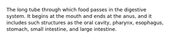 The long tube through which food passes in the digestive system. It begins at the mouth and ends at the anus, and it includes such structures as the oral cavity, pharynx, esophagus, stomach, small intestine, and large intestine.