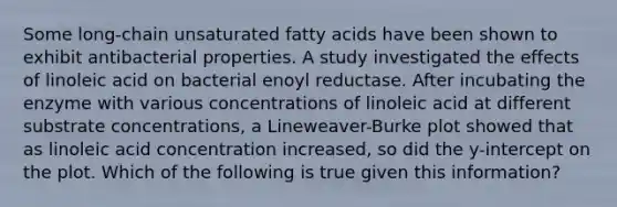 Some long-chain unsaturated fatty acids have been shown to exhibit antibacterial properties. A study investigated the effects of linoleic acid on bacterial enoyl reductase. After incubating the enzyme with various concentrations of linoleic acid at different substrate concentrations, a Lineweaver-Burke plot showed that as linoleic acid concentration increased, so did the y-intercept on the plot. Which of the following is true given this information?