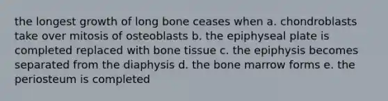 the longest growth of long bone ceases when a. chondroblasts take over mitosis of osteoblasts b. the epiphyseal plate is completed replaced with bone tissue c. the epiphysis becomes separated from the diaphysis d. the bone marrow forms e. the periosteum is completed