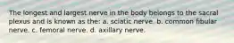 The longest and largest nerve in the body belongs to the sacral plexus and is known as the: a. sciatic nerve. b. common fibular nerve. c. femoral nerve. d. axillary nerve.