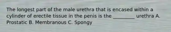 The longest part of the male urethra that is encased within a cylinder of erectile tissue in the penis is the _________ urethra A. Prostatic B. Membranous C. Spongy