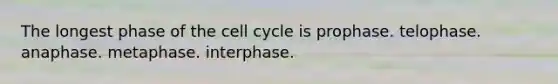 The longest phase of the <a href='https://www.questionai.com/knowledge/keQNMM7c75-cell-cycle' class='anchor-knowledge'>cell cycle</a> is prophase. telophase. anaphase. metaphase. interphase.