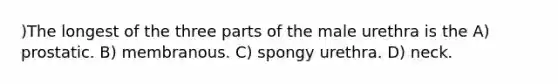 )The longest of the three parts of the male urethra is the A) prostatic. B) membranous. C) spongy urethra. D) neck.