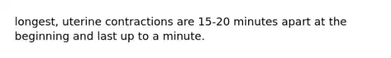 longest, uterine contractions are 15-20 minutes apart at the beginning and last up to a minute.