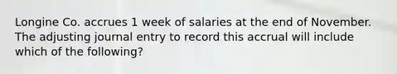 Longine Co. accrues 1 week of salaries at the end of November. The adjusting journal entry to record this accrual will include which of the following?