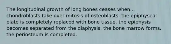 The longitudinal growth of long bones ceases when... chondroblasts take over mitosis of osteoblasts. the epiphyseal plate is completely replaced with bone tissue. the epiphysis becomes separated from the diaphysis. the bone marrow forms. the periosteum is completed.