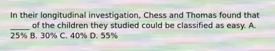 In their longitudinal investigation, Chess and Thomas found that _____ of the children they studied could be classified as easy. A. 25% B. 30% C. 40% D. 55%