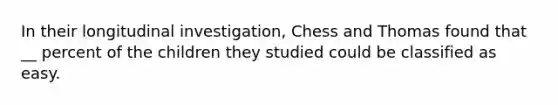 In their longitudinal investigation, Chess and Thomas found that __ percent of the children they studied could be classified as easy.